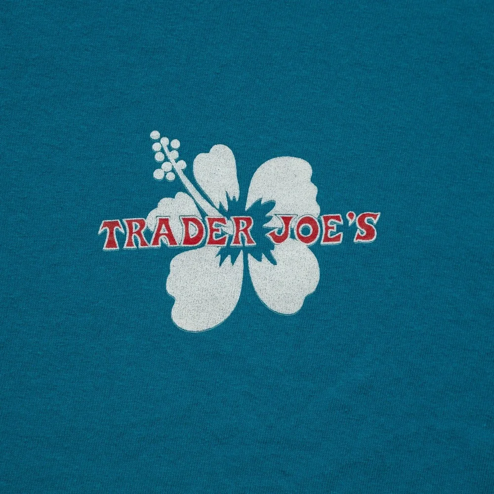 Trader Joes Hibiscus Crew Logo Short Sleeve Blue Spellout Employee Shirt S